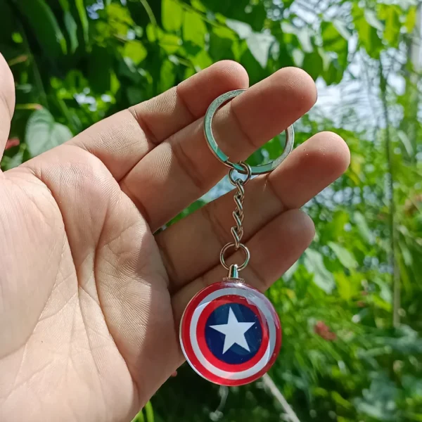 Captain America Shield Glass Keychain featuring a detailed design of the iconic shield