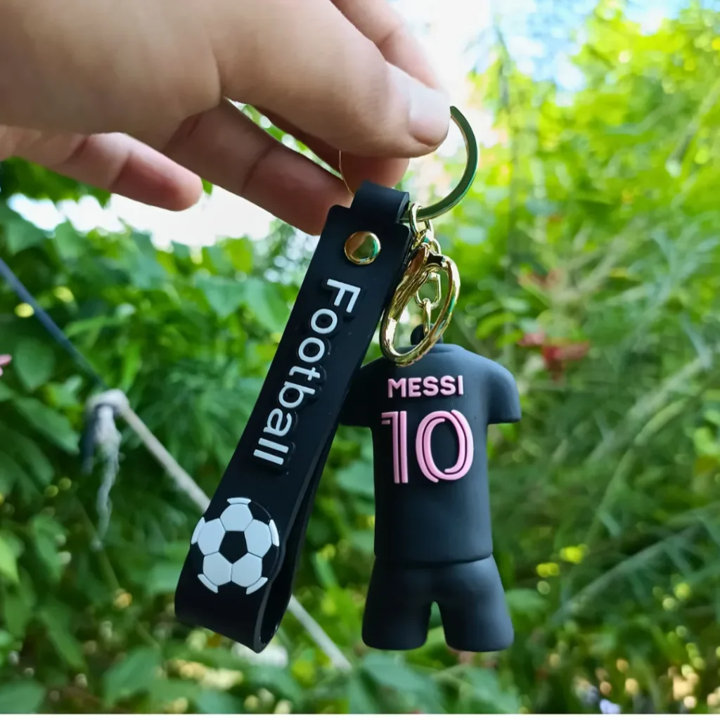 Ronaldo Messi 3D Rubber Keychain with Long Ribbon featuring both football stars